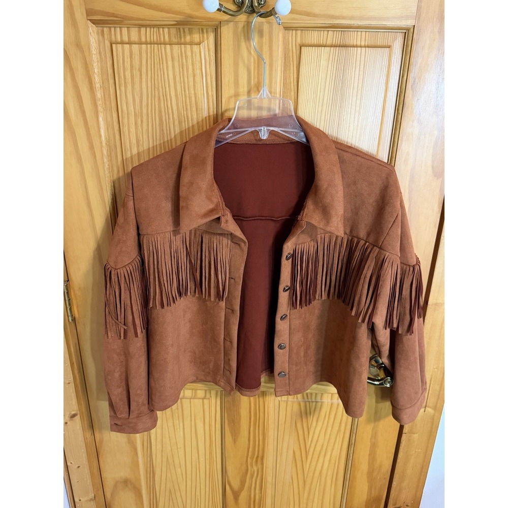 Brown Faux Suede Fringe Western Jacket Shacket Cowgirl Size OXL Southwest Fun